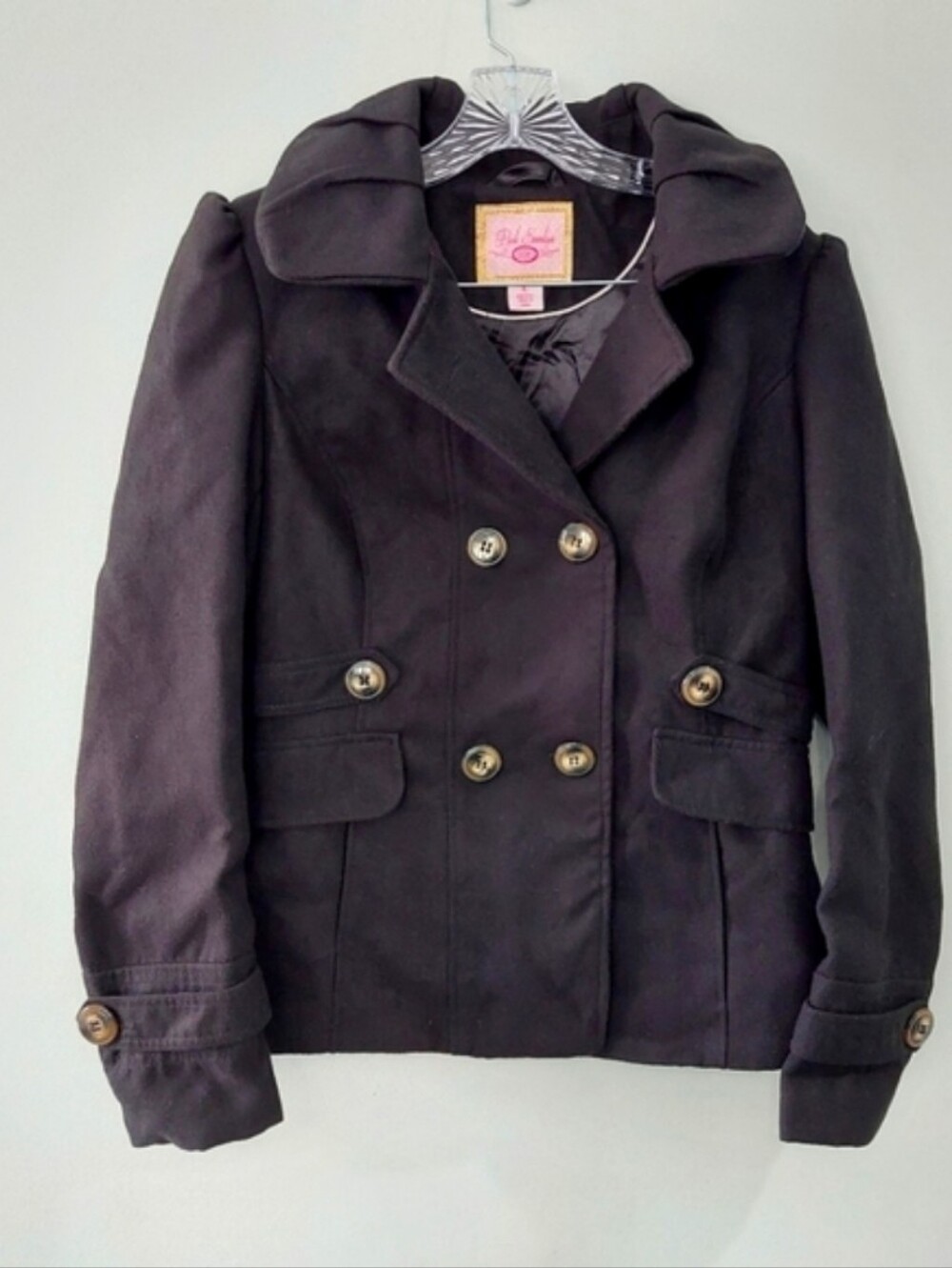 Pink Envelope Women's Double Breasted Pea Coat Large Black Button Cuff Collared